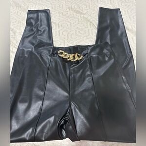 Black Faux Leather Cropped Pants with Gold Chain